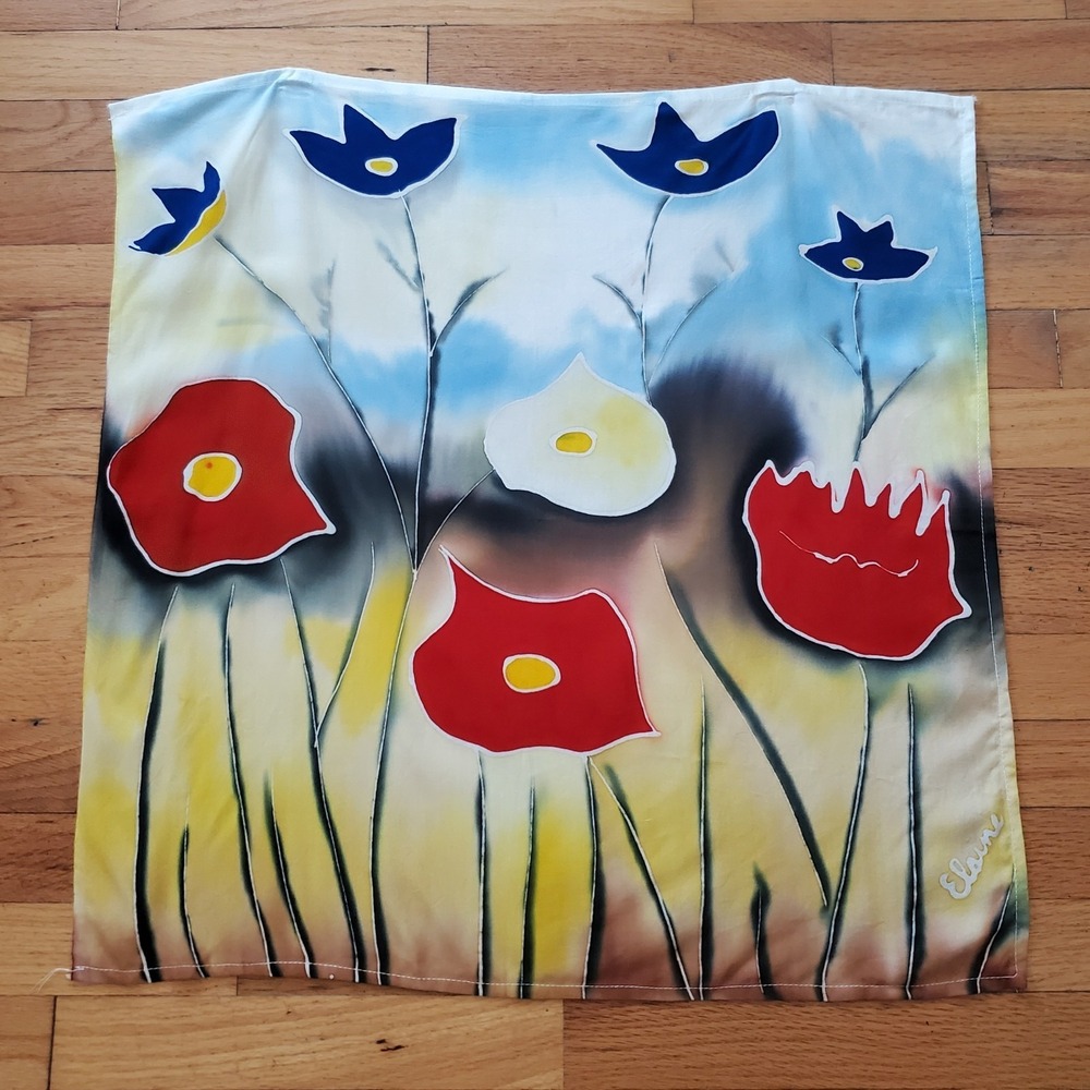 Elaine Signed Square Bandana‎ Scarf Floral 22" Abstract Artsy Prairie Summer